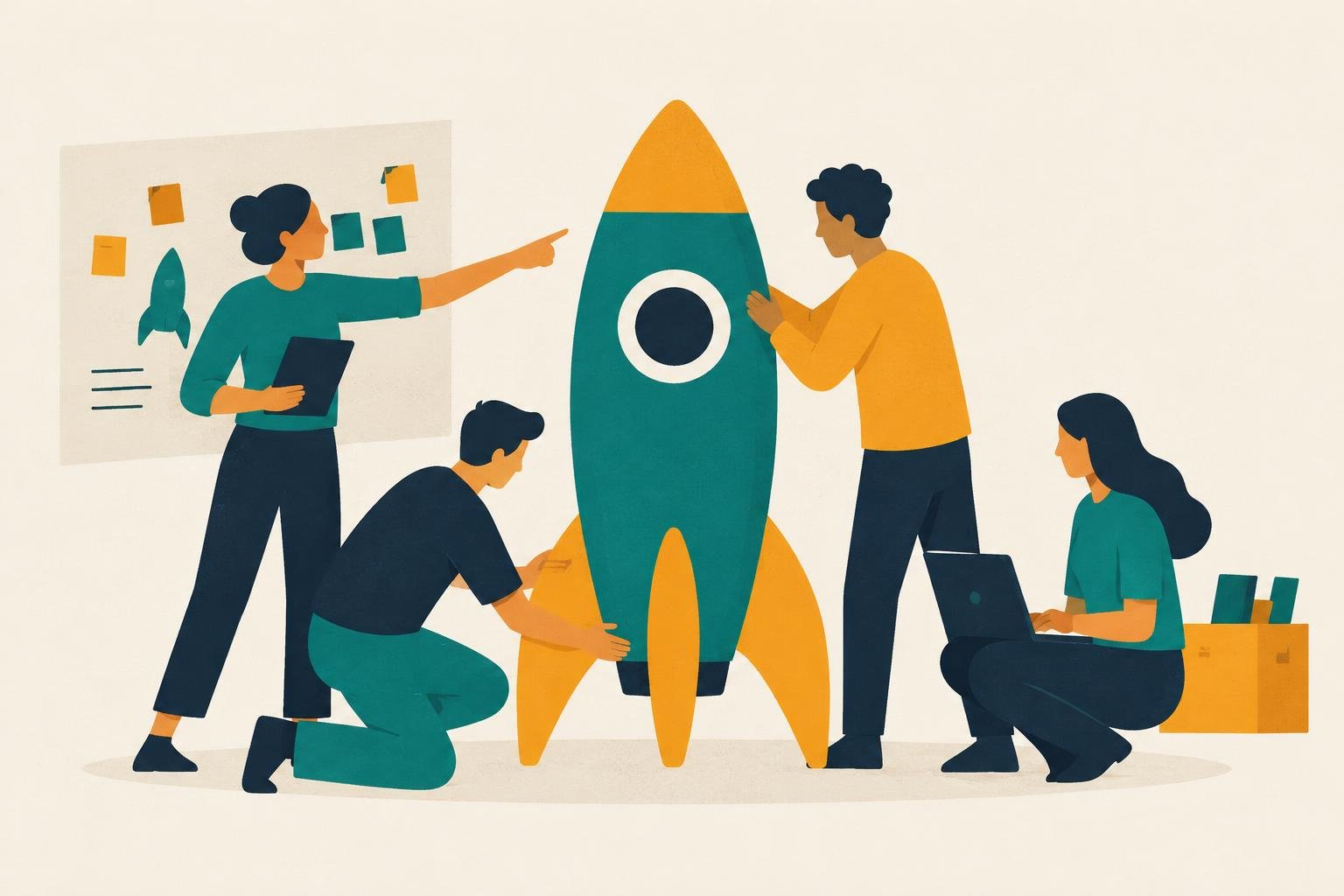 A team building a rocket together, a metaphor for launching a page